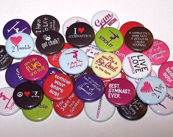 Gymnast Set of 10 Buttons 1" or 1.5" Pin Back Buttons or 1" Magnets Gymnastics Gym Party Favors