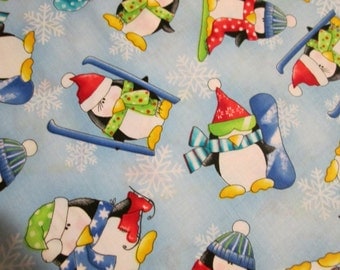 Penguins Ski Snowboard Blue Snowflake Cotton Fabric Fat Quarter or Custom  OOP
