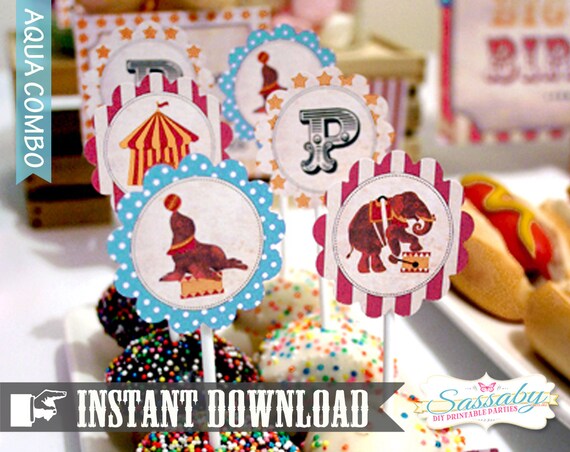 DIY Vintage Circus Cupcake Toppers/Party Circles Aqua Combo - INSTANT DOWNLOAD - Editable & Printable - Birthday Party Decoration Il_570xn