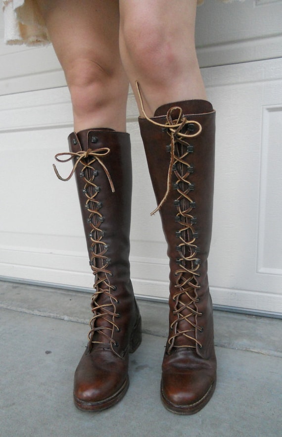 70s Zodiac Leather Boots . Lace Up Knee High Boots Size 7