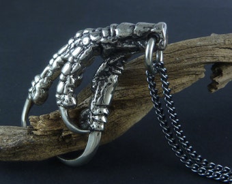 Crow Claw Necklace - White Bronze Bird Claw Pendant on 24" Gunmetal Chain