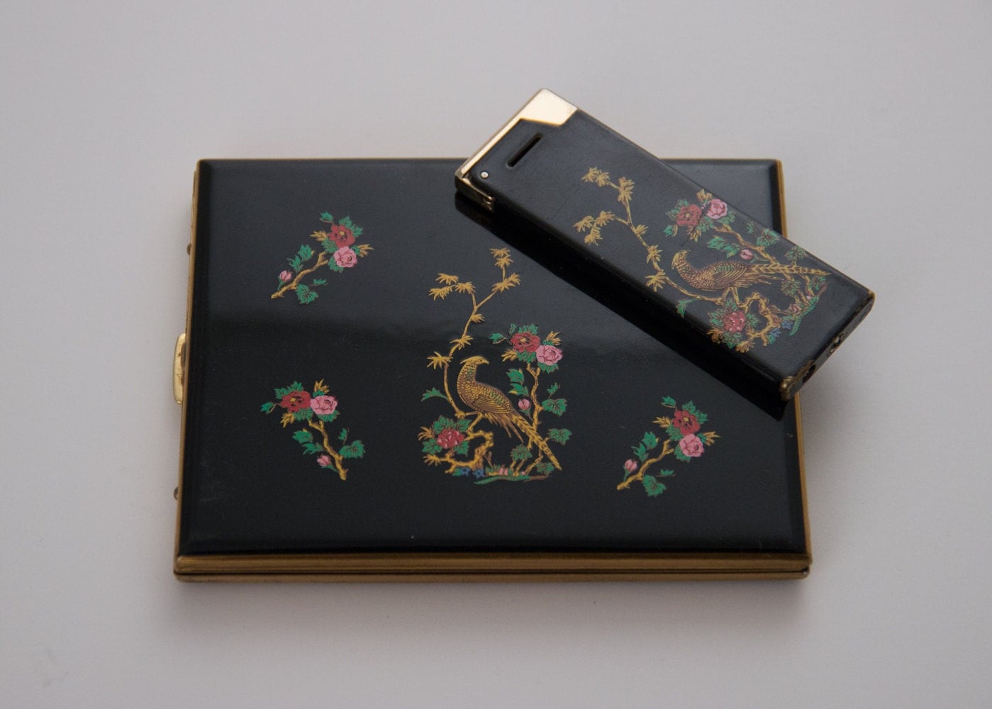 Black Vintage Colibri Cigarette Case w/ Lighter Pheasant or