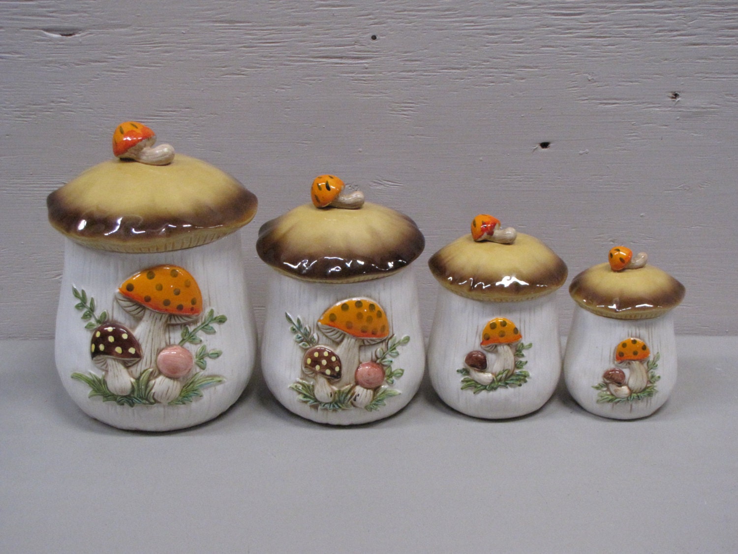 Vintage Ceramic Brown and White Mushroom Cookie Jar / Jar Set