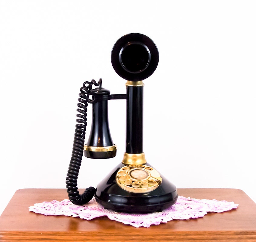 Vintage Candlestick Rotary Phone Black and Gold Made In Japan