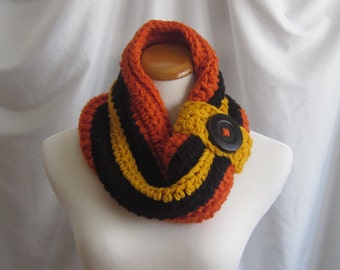 Cowl Neckwarmer Chunky Bulky Button Crochet Cowl: Burnt Orange, Black & Golden Yellow with Button