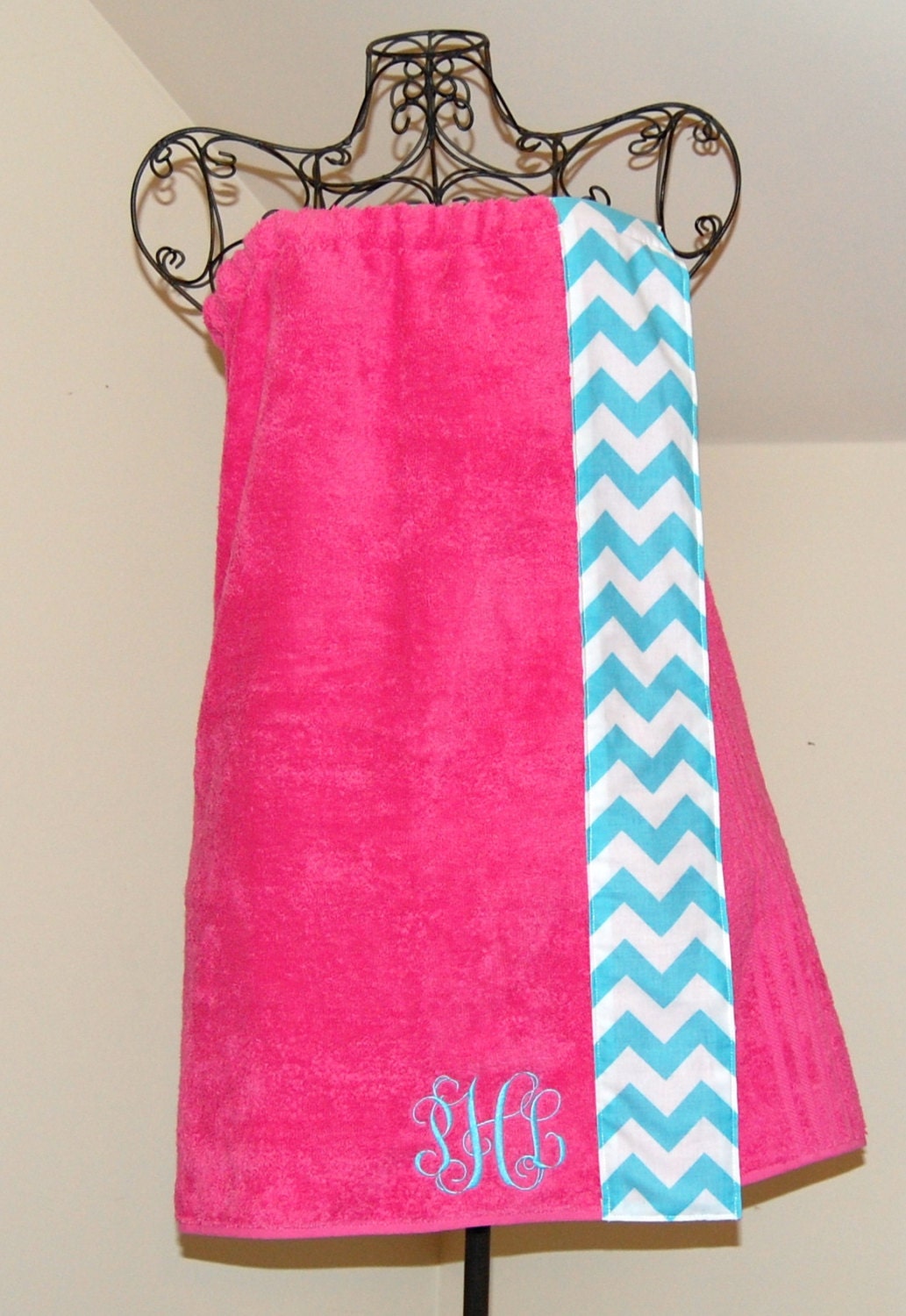 Monogrammed Towel Wrap with an Aqua and White Chevron by smberrier