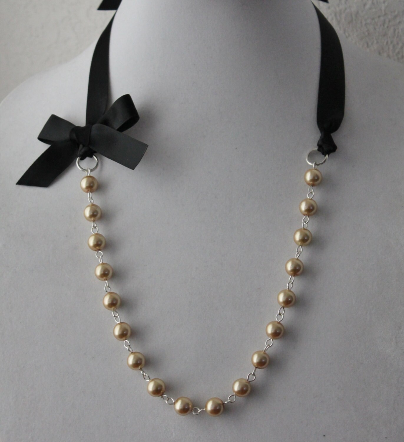 Gold Pearl and Black Ribbon Bow Necklace