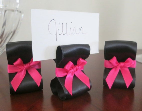 Wedding Place Card Holders - One Hundred (100) with Black and Hot Pink Satin Ribbon  - Customize Your Colors