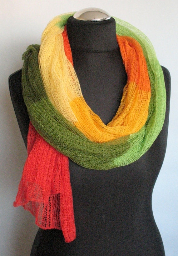 Linen Scarf Shawl Wrap Stole Green Salad Yellow Orange Red Multicolored, Light, Transparent