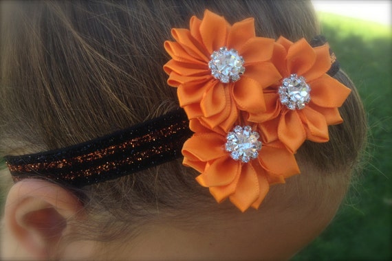 SPARKLE HEADBAND, Black and Orange Stripes with 3 Orange flowers with rhinestones