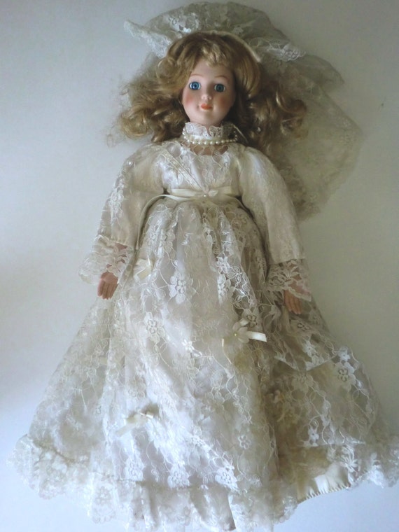 Antique porcelain doll wedding dress pearl necklace