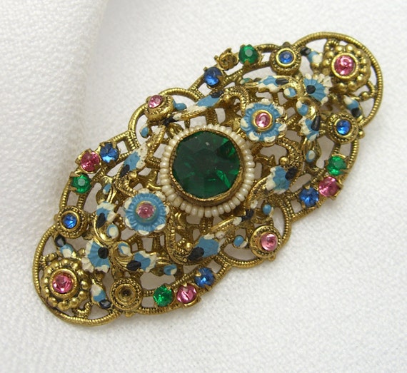 Antique Czech Brooch Rhinestones 1940s Enamel Jewelry Signed