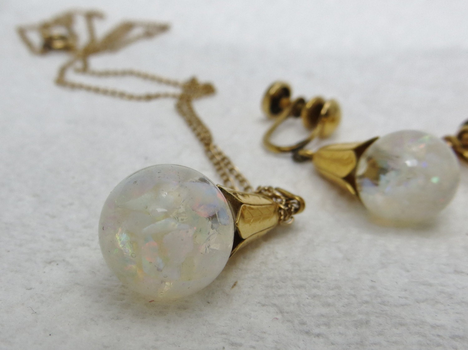 Vintage Floating Opals Necklace Earrings Set 12K Gold Filled