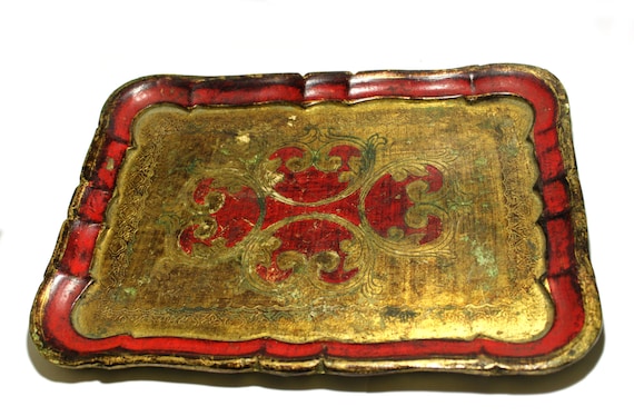 Vintage Florentine red and gold tray, Italian, Hollywood Regency home decor