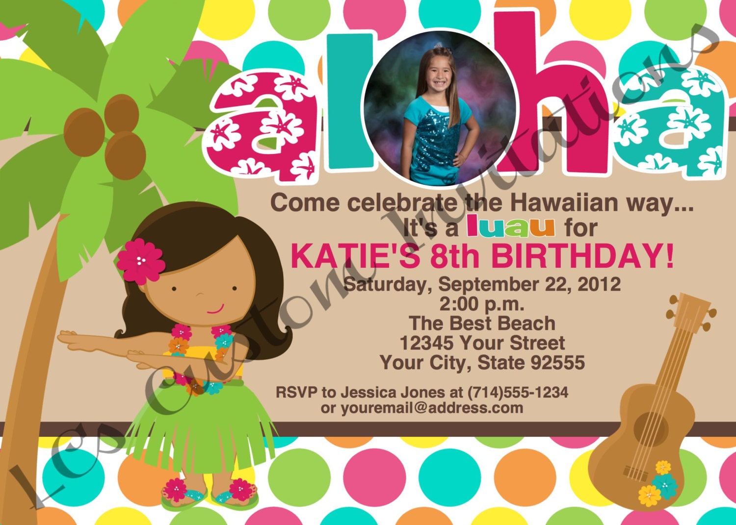 Aloha Hula Girl Photo Birthday InvitationYOU PRINT 2 Designs