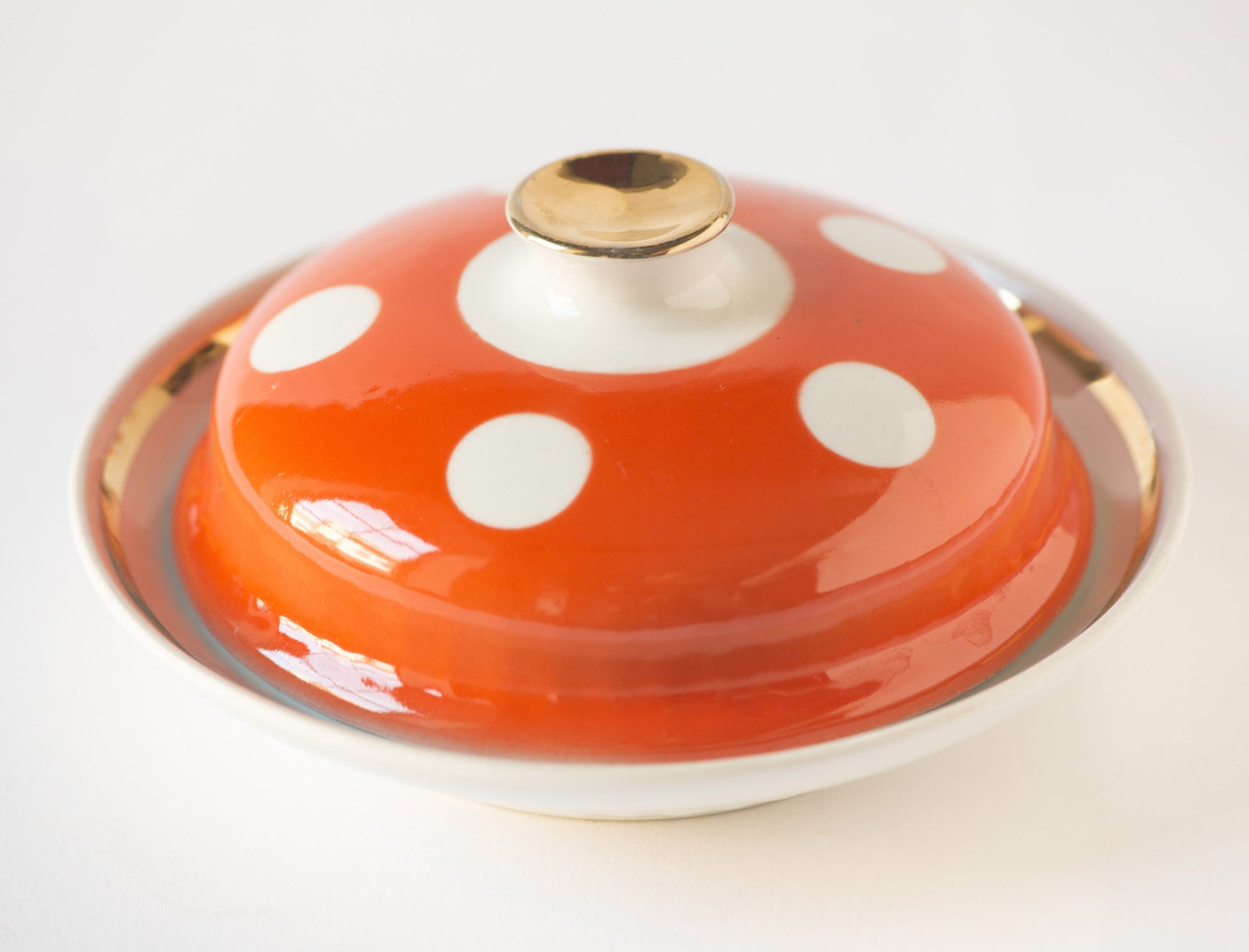 Vintage covered butter dish porcelain red white polka dot dish