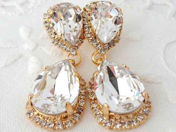 White clear crystal Chandelier earrings, Bridal earrings, Swarovski rhinestones earrings, 14k Gold, Dangle earrings, Drop earrings, Bridal