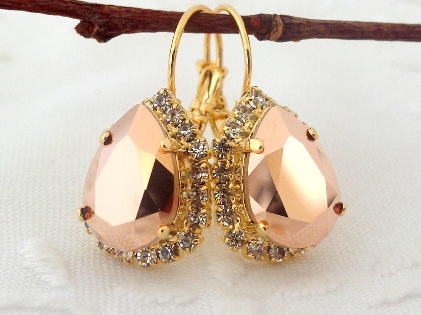 Rose gold crystal Swarovski teardrop earrings Bridesmaid