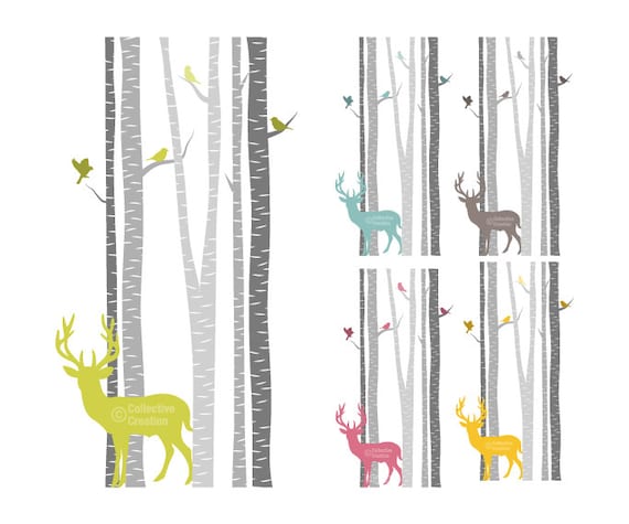 Deer & Birds amongst the Birch Trees Clip by ...