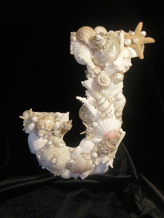 Seashell Letter - Beige/white themed - Letter J embellished with Seashells and Jewels - holiday, wedding or birthday gift