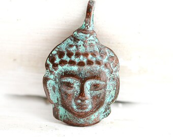 Buddha face, metal pendant, Green patina on copper, buddha charm, Lead Free, large - F121
