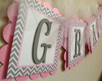 Pink and Grey Chevron Baby Shower or Birthday Name Banner