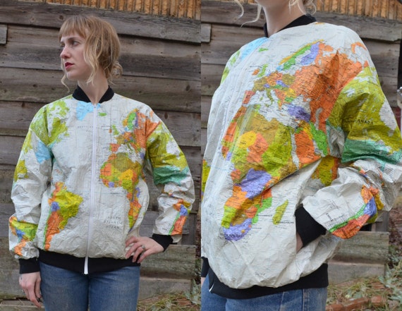 Map Of The World Jacket Wearin the World Seapunk World MAP Tyvek White Travel Hipster Atlas Oversized Kitch Jacket