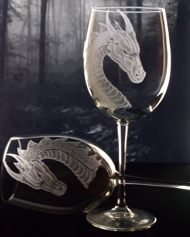 Decorated wine glasses etched engraved dragon goblets set