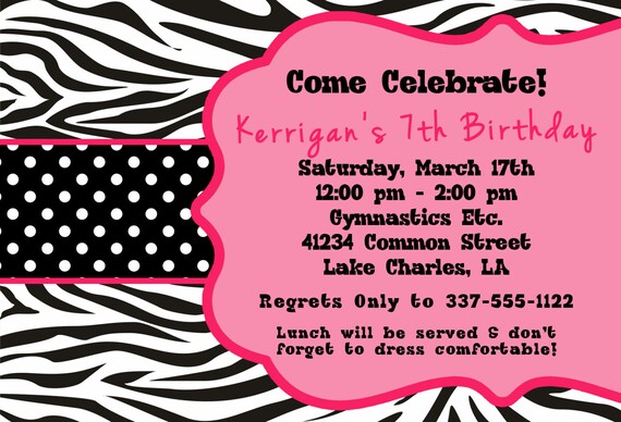 Zebra Print and Polka Dots Printable Birthday Invitation Il_570xn