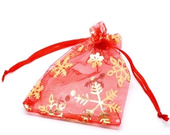 100 Red Organza Bags - Snowflakes - Draw String - 12x9cm - 4 3/4" x 3 1/2" - Ships IMMEDIATELY from California - BAG07-100