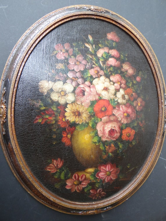 1930's Oval Oil Painting on Artist Board Antique Floral