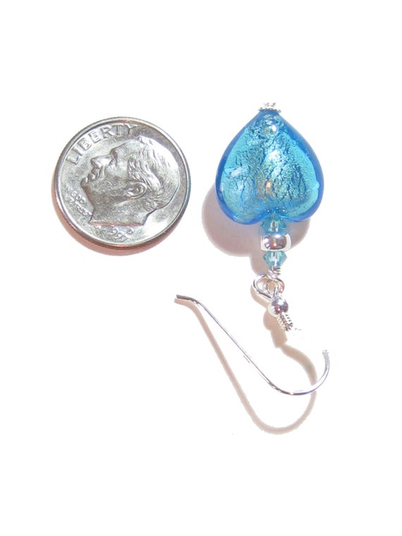 Murano Glass Aqua Heart 14mm Silver Earrings Venetian by JKCMurano