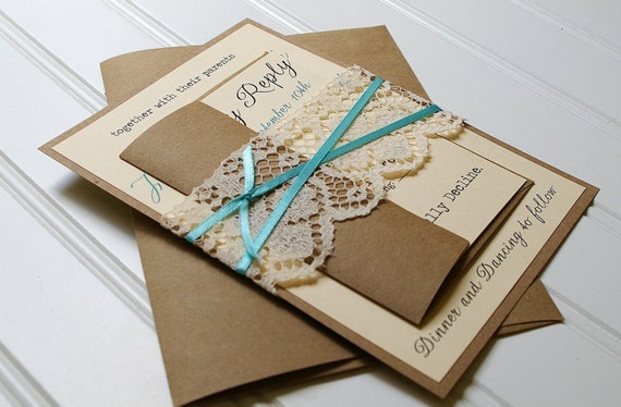 Tiffany Blue Ribbon and Lace Wedding Invitations: Unique Handmade Rustic Paper Bag Kraft Invites- Custom Colors