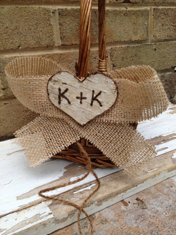 Personalized Burlap and Birch Heart Flower Girl Basket