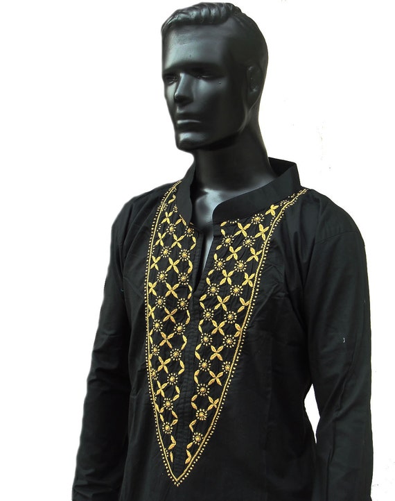 Black kurta mens tunic Plus size clothing Long sleeved Kaftan