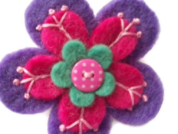 Purple Wool Felt Flower Brooch   Embroidered  by moodycowdesigns