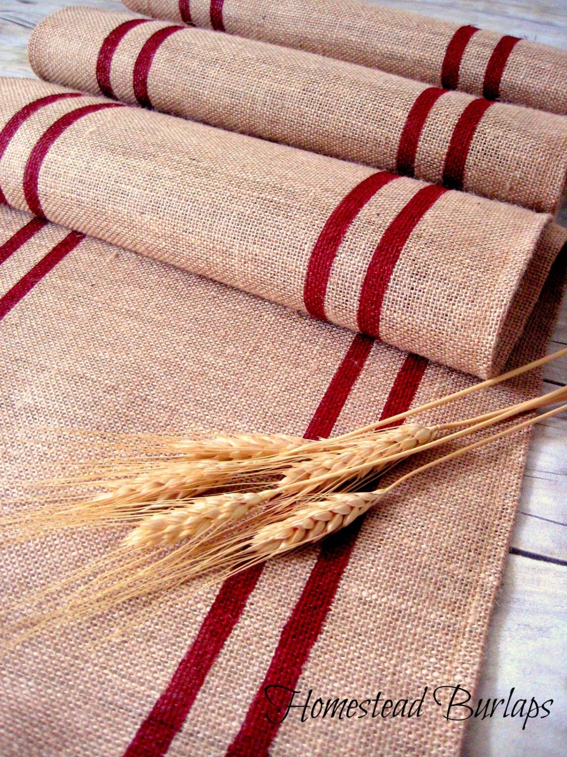 Burlap Table Runner with red hand painted grain sack stripes