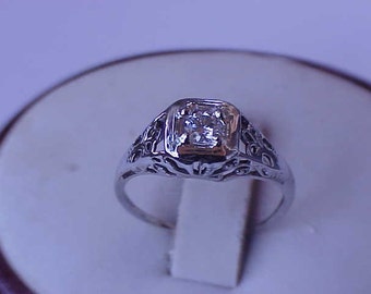 Antique Art Deco 14k White Gold Engagment .20ct Brilliant Cut Diamond Filigree Ring ,1920's