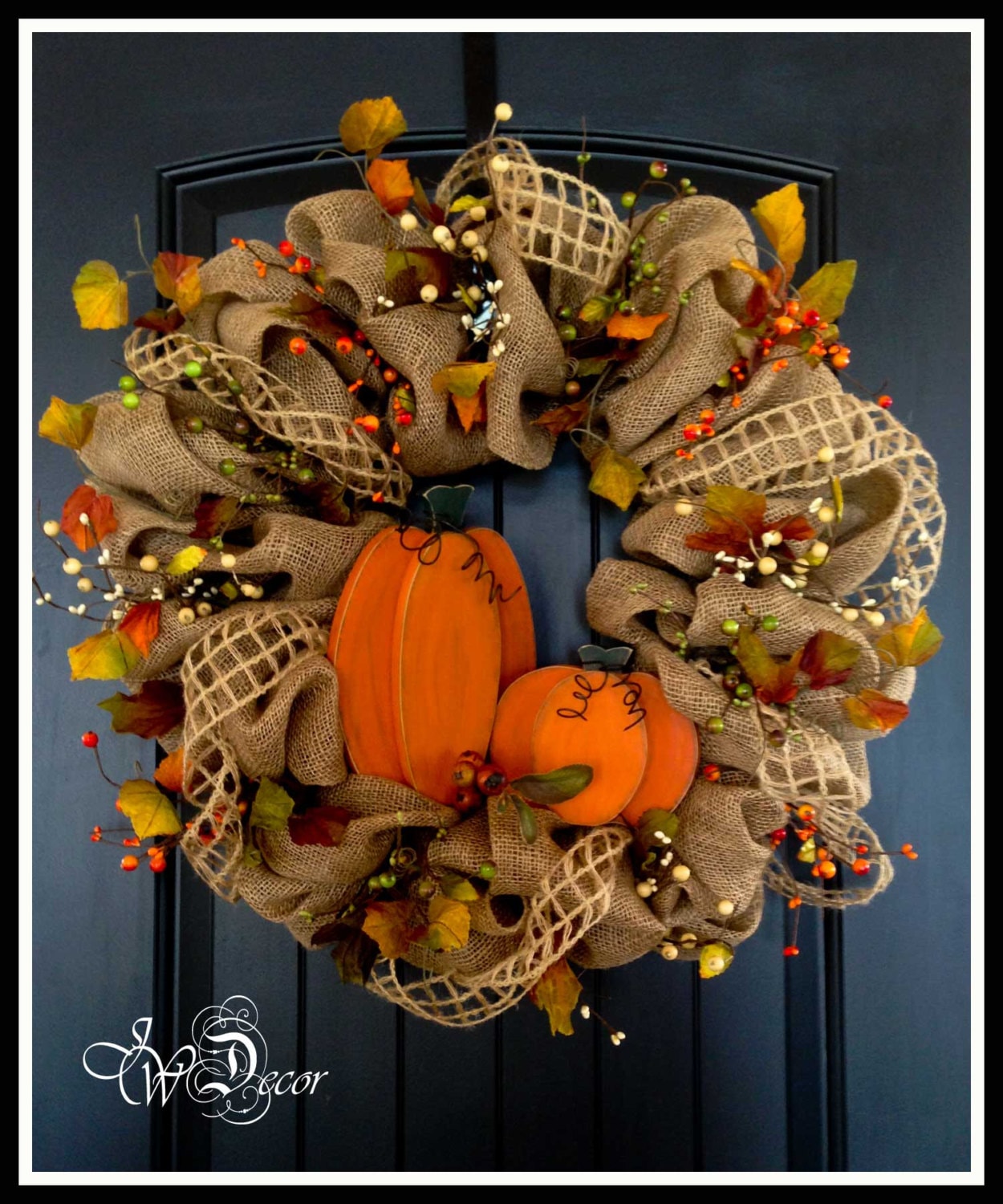 Fall Burlap Wreath Large Autumn Wood Pumpkins Burlap