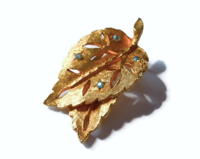 Leaf brooch and earrings, Gold tone leaf design statement brooch and earrings with green faceted rhinestones, quite possibly unsigned BSK