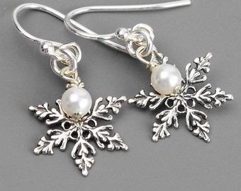Sterling Silver Snowflake Earrings - Swarovski Earrings - Pearl Drop Earrings - Winter Wedding - Snowflake Jewelry - Christmas Earrings