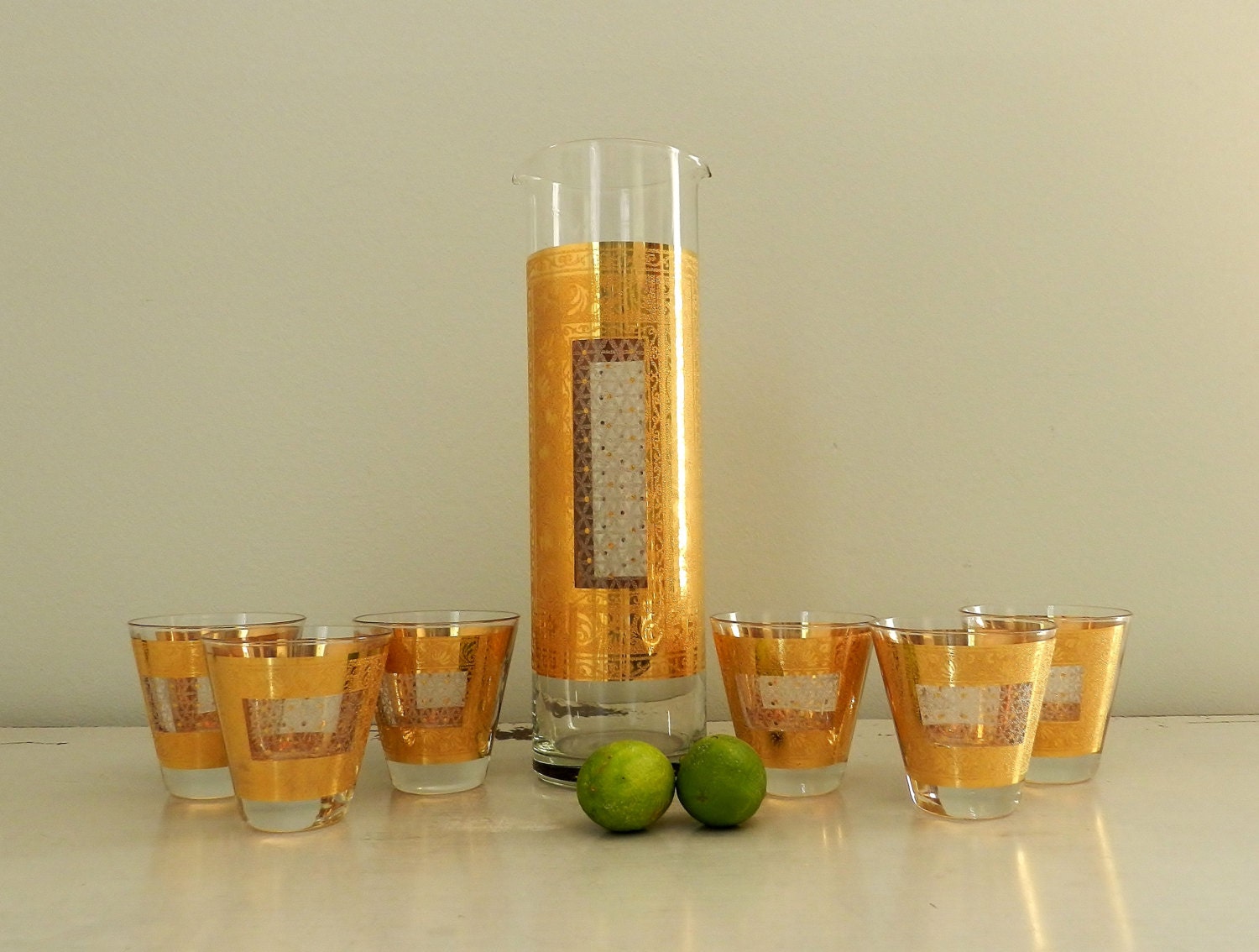 Vintage Cocktail Set Barware Gold Pitcher Double Shot Glasses