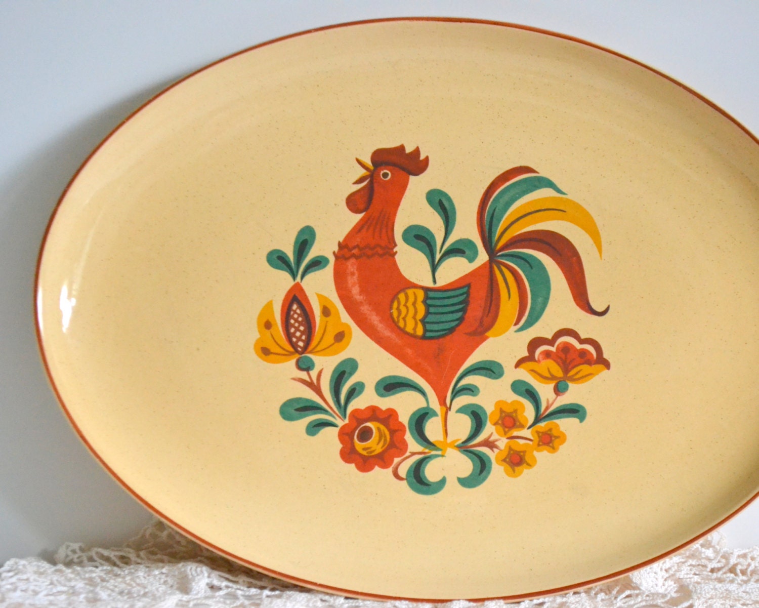 Vintage Rooster Platter Colorful Decor Serving Plate Dish