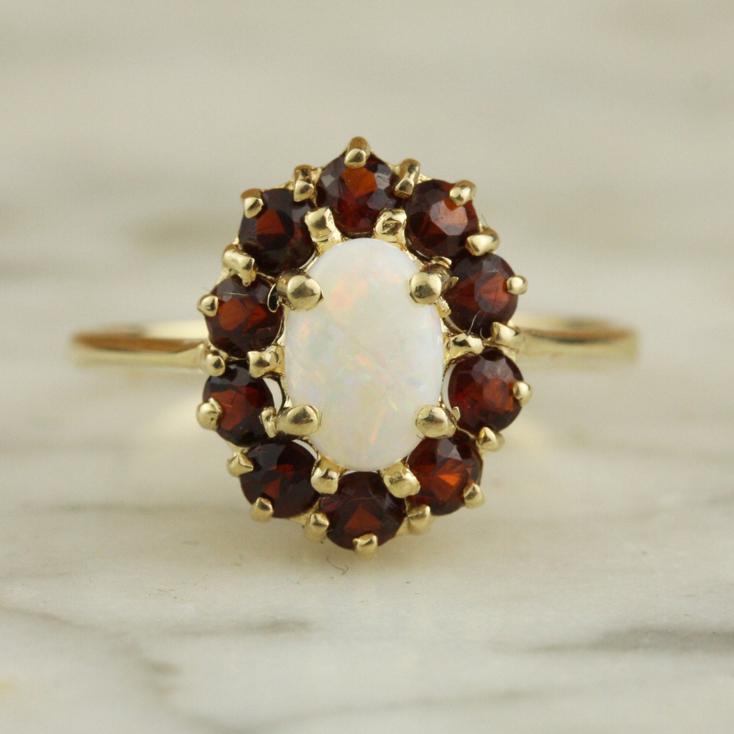 Vintage 14k Gold Opal and Garnet Halo Cluster Ring