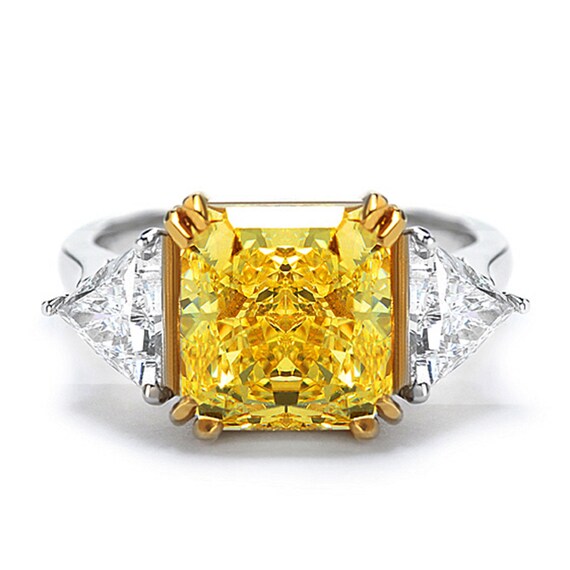 Items similar to Fancy Yellow 3 Stone Cushion Cut Diamond Engagement