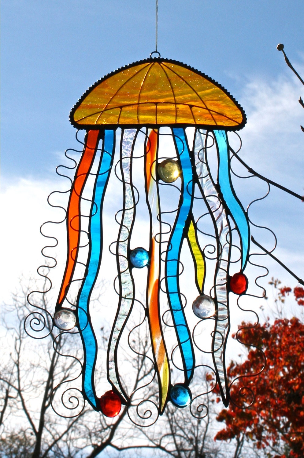Stained Glass JELLYFISH Suncatcher Original Design Orange
