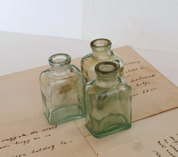 Antique Glass Ink Bottles Vintage Green Ink Bottles Set of