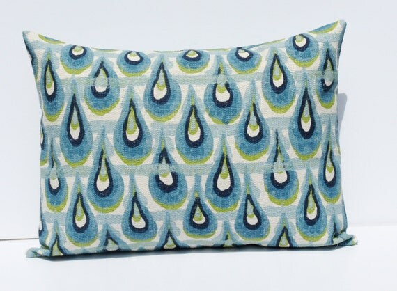 Items similar to Lumbar Pillow Cover Burlap Pillow Cover Ikat Pillow Blue Green Travel Pillow ...