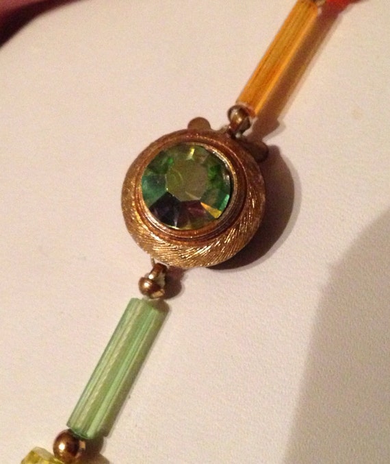 Vintage beaded necklace with AB glass beads in orange green