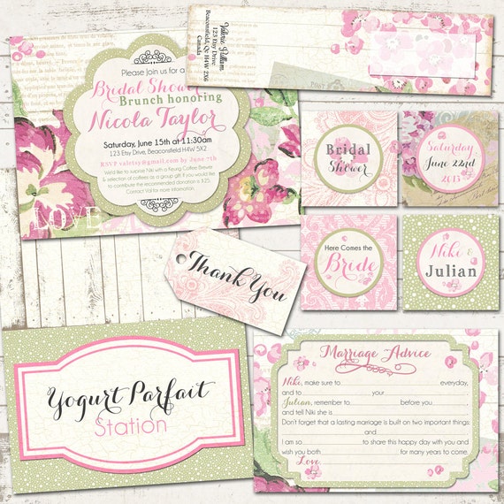 Bridal Shower Shabby Chic Party Pack - Vintage Inspired - Paris, Pinks - Custom, Printable - PREMIUM PACK Il_570xn